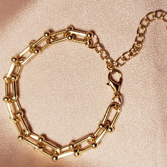 Bohemian 14k Gold Plated Chain Chunky Bracelet, U-Link Chain Bracelet - Picture 2 of 5